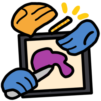 a simplified yellow hand dropping a coin into the palm of a simplified blue hand.  below it is a second blue hand drawing on a drawing tablet with a stylus, making a purple shape.